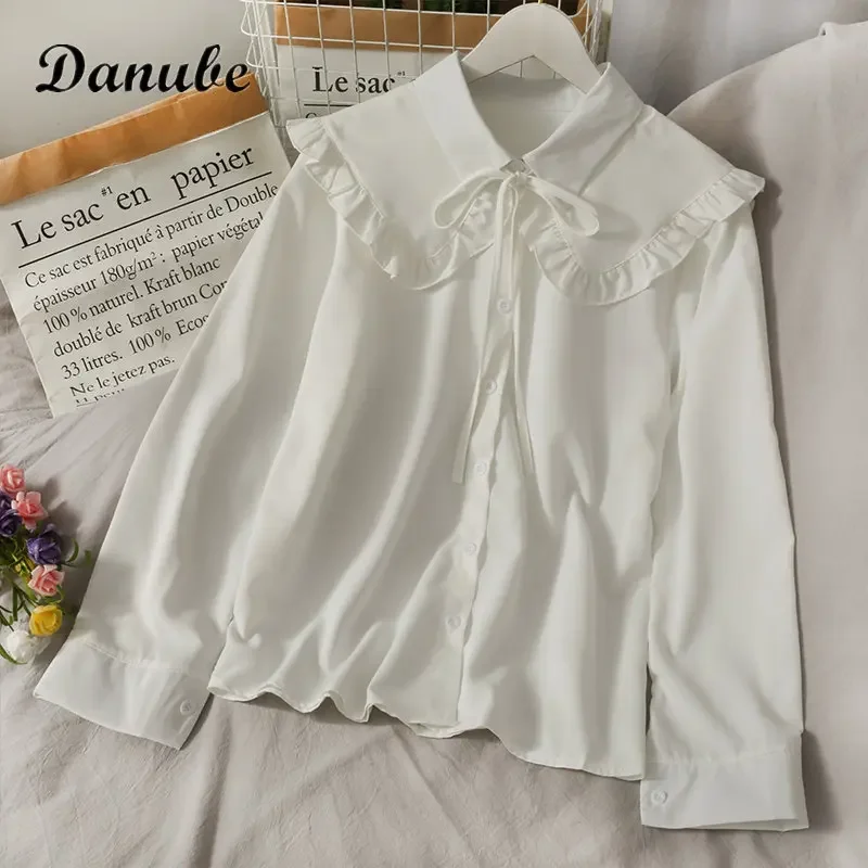 Women's Vintage Kawaii White Shirt Japanese Peter Pan Collar Lace Up Lolita Chiffon Blouse Autumn Elegant Ruffle Long Sleeve Top