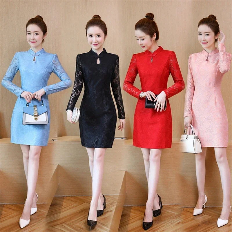 Vintage Women Cheongsam Retro Traditional Chinese Style Lace Long Sleeve Qipao Elegant Oriental New Year Evening Dress MN9