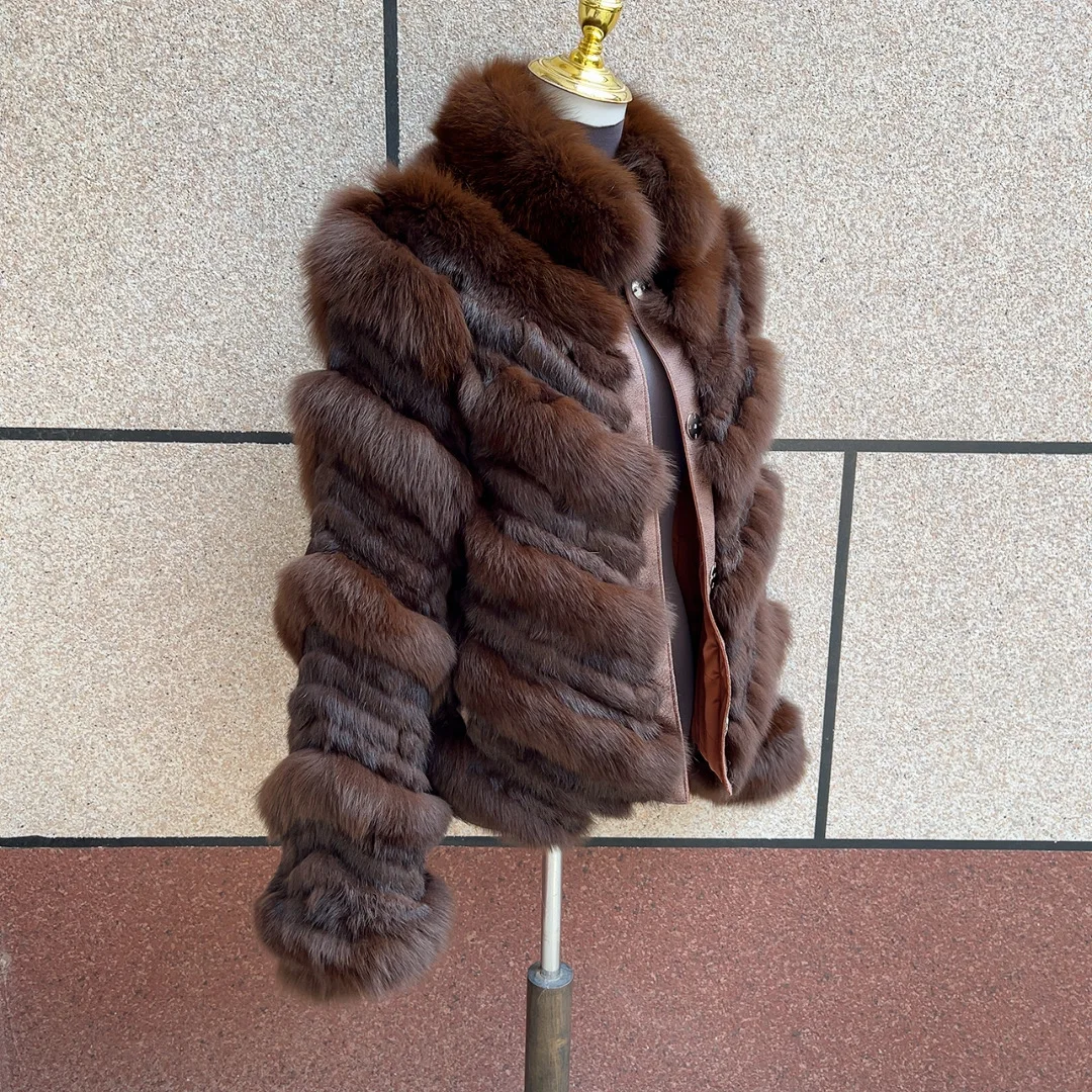 New Women's Real Fox Fur Coat Double-Sided Wearing Rabbit Fur Mixed with Winter V-Shaped Genuine Fur Coat Women