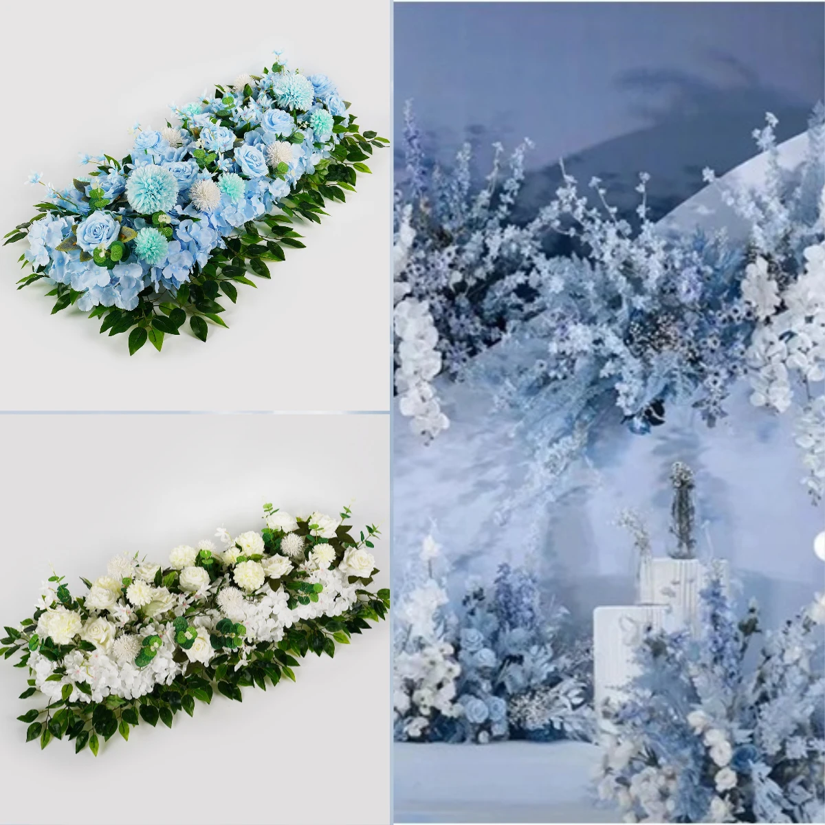 

Blue Artificial Wedding Flowers Decor Wall Iron Arch Backdrop Decor Supplies Artifical Rose Row Table Centerpiece Arrange Props