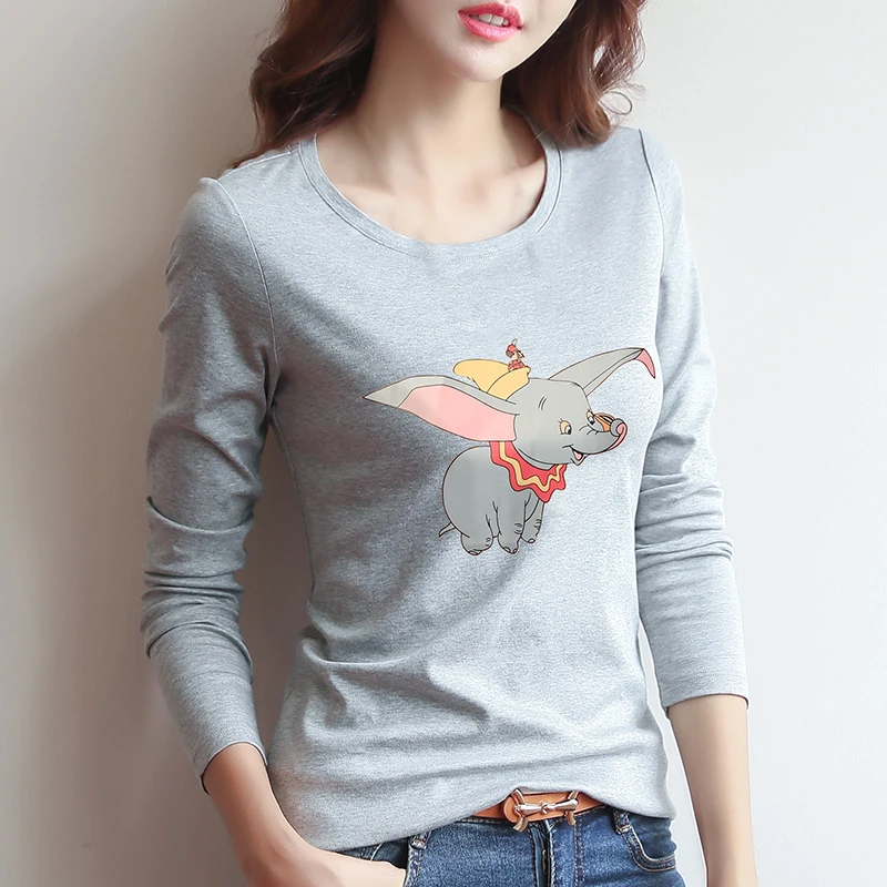 Spring Autumn Letter Printing Round Neck Cartoon Pullover Long Sleeve T-shirt Women\'s Clothing Undershirt Comfortable Tops