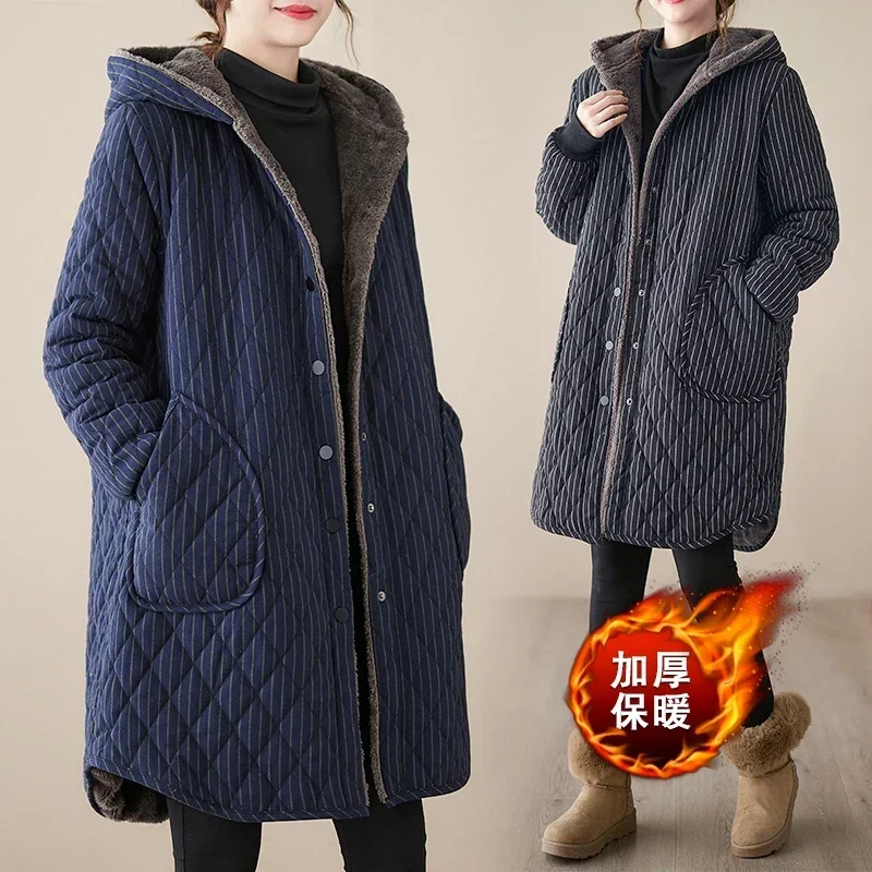 2024 Winter New Retro Checkered Medium Long Hooded Cotton Jacket Loose and Simple Women's Thick and Warm Cotton Coat with Velvet