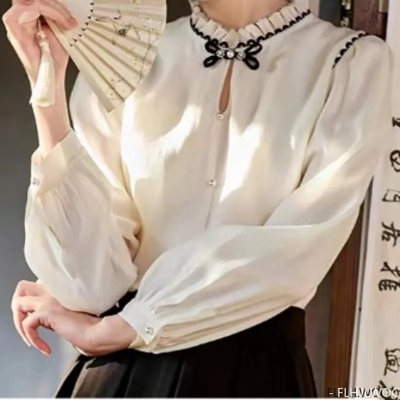 Thin Hot Chi-pao Collar Design Ruffles Tops 2024 Spring Summer Women Office Lady Girls Button Elegant Retro Shirt Blouse Vintage