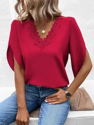 Women's Summer New Solid Lace V-neck Flare Sleeve Loose Fitting Shirt Elegant Fashion Casual Chiffon Versatile Pullover Shirt