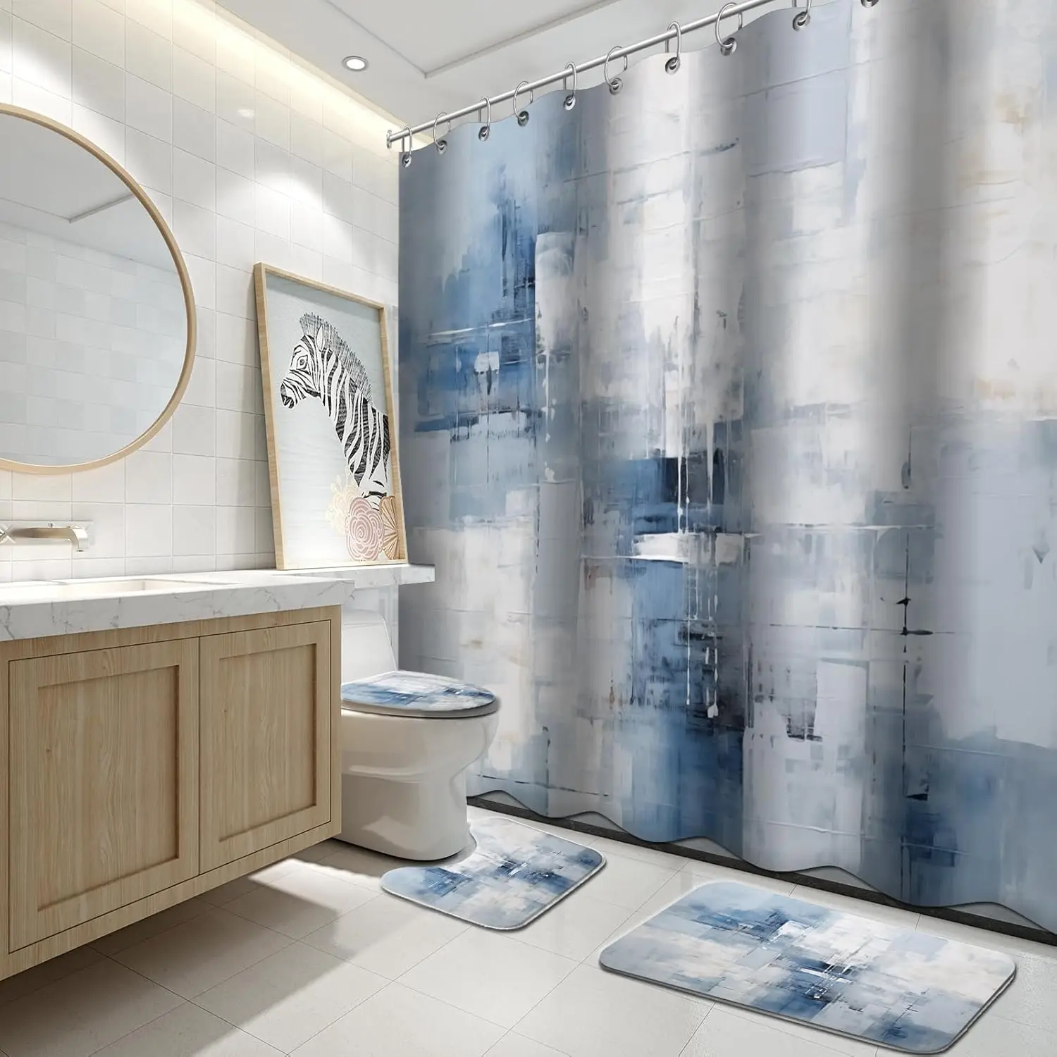 

4 шт., наборы занавесок для душа в ванной комнате с ковриками, сине-серые акварельные картины, художественные наборы для ванной комнаты с занавеской для душа и ковриками