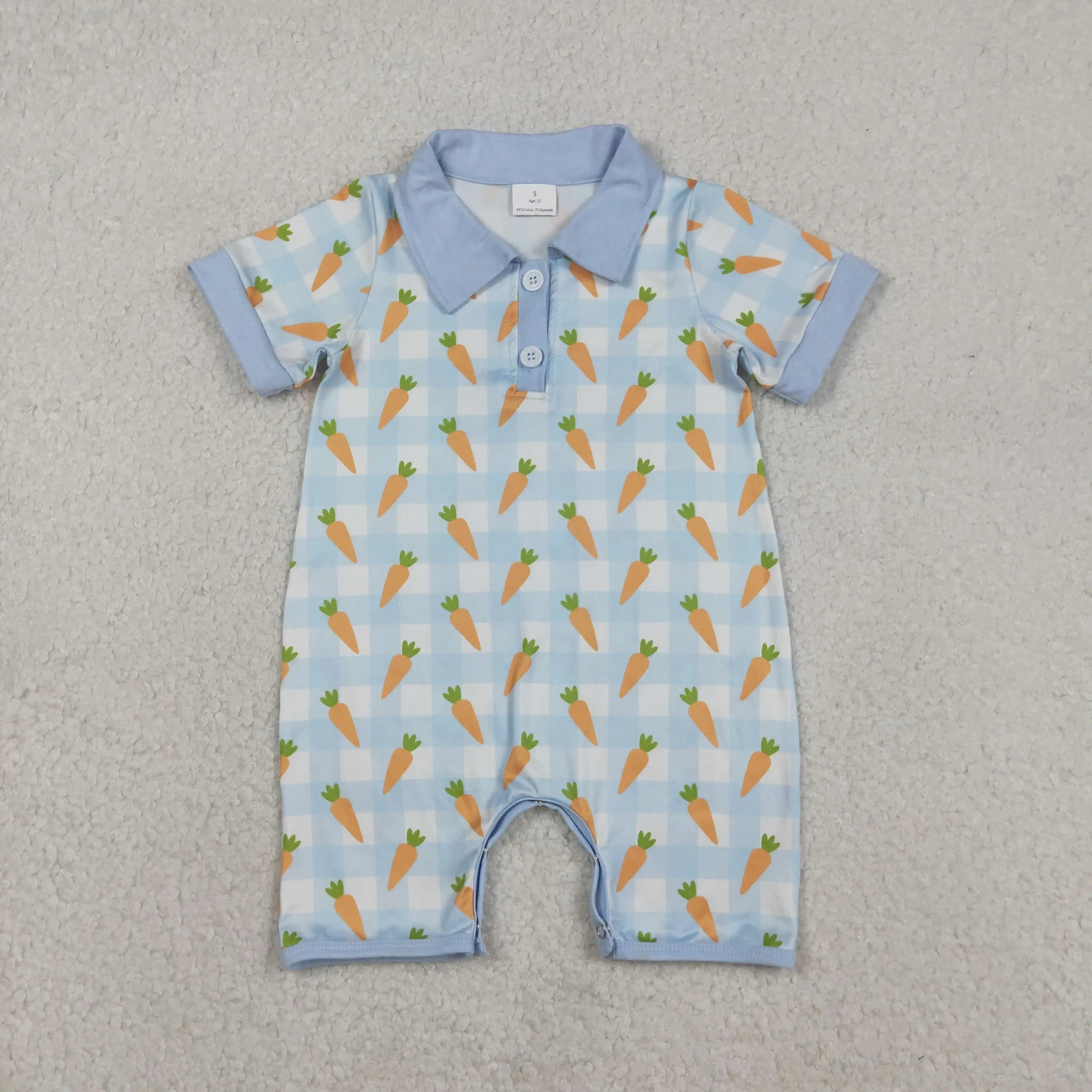 

X12.10 SR3254 Wholesale Easter carrot blue and white checkered button collar short-sleeved rompers for baby boys