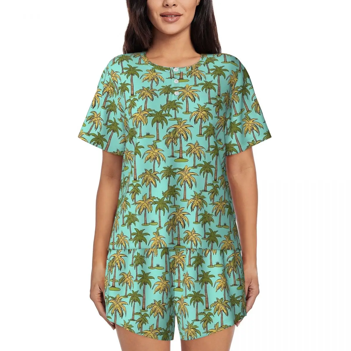 

Palm Trees Pajamas Green And Gold Night O Neck Sleepwear Lady 2 Pieces Graphic Short Sleeves Vintage Pajama Sets