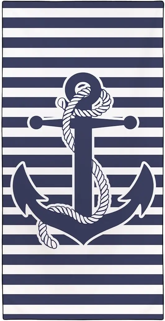 Nautical Anchor Beach Towel, Navy Blue Horizontal Stripes Microfiber Quick Dry and Sand Free Towel for Travel Swim Pool Yoga