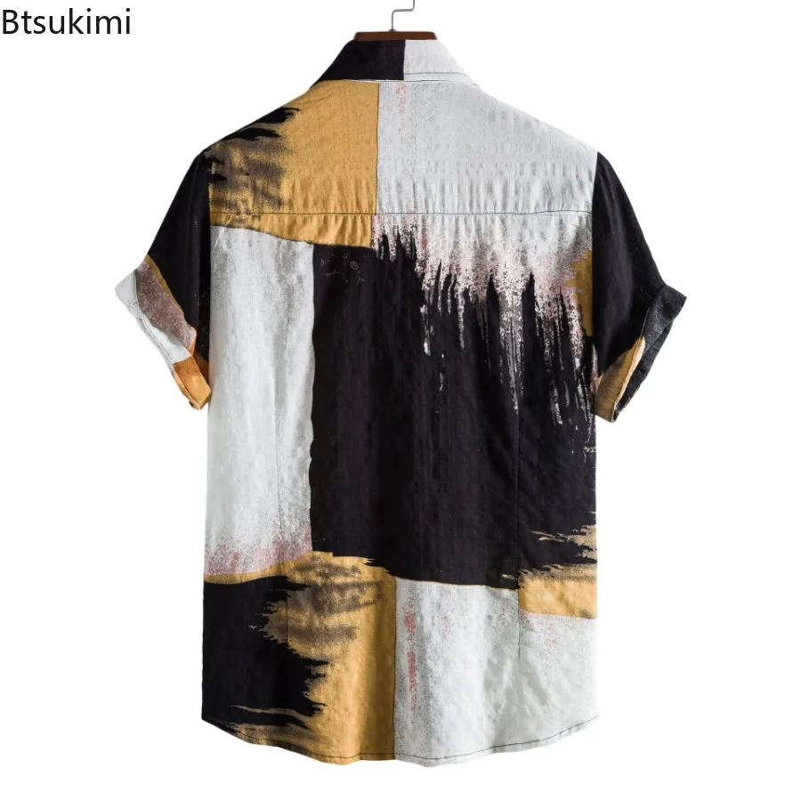 Camisa de lino para hombre, cárdigan informal hawaiano, Tops con bloques de colores, blusa de playa de manga corta con estampado de moda, camisola masculina de verano 2024