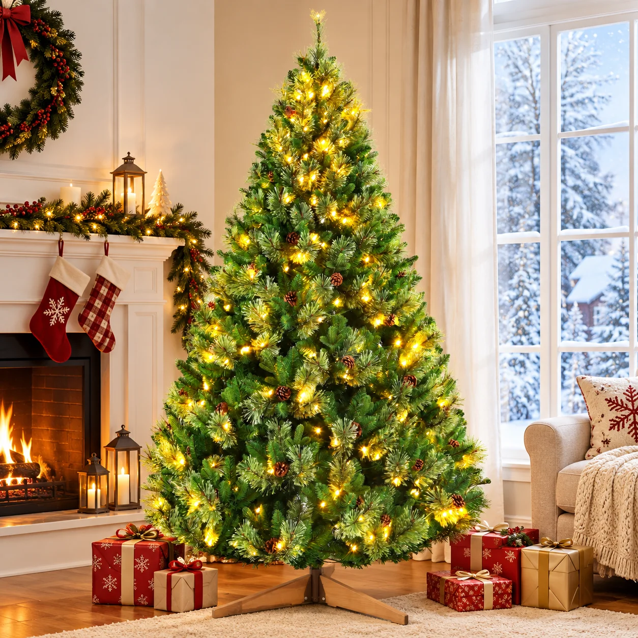 Albero di Natale artificiale con luci integrate, 210 cm, rami in PE e PVC con pigne, 8 modalità di illuminazione, supporto in legno, decorazione natalizia resistente al fuoco per feste in casa.