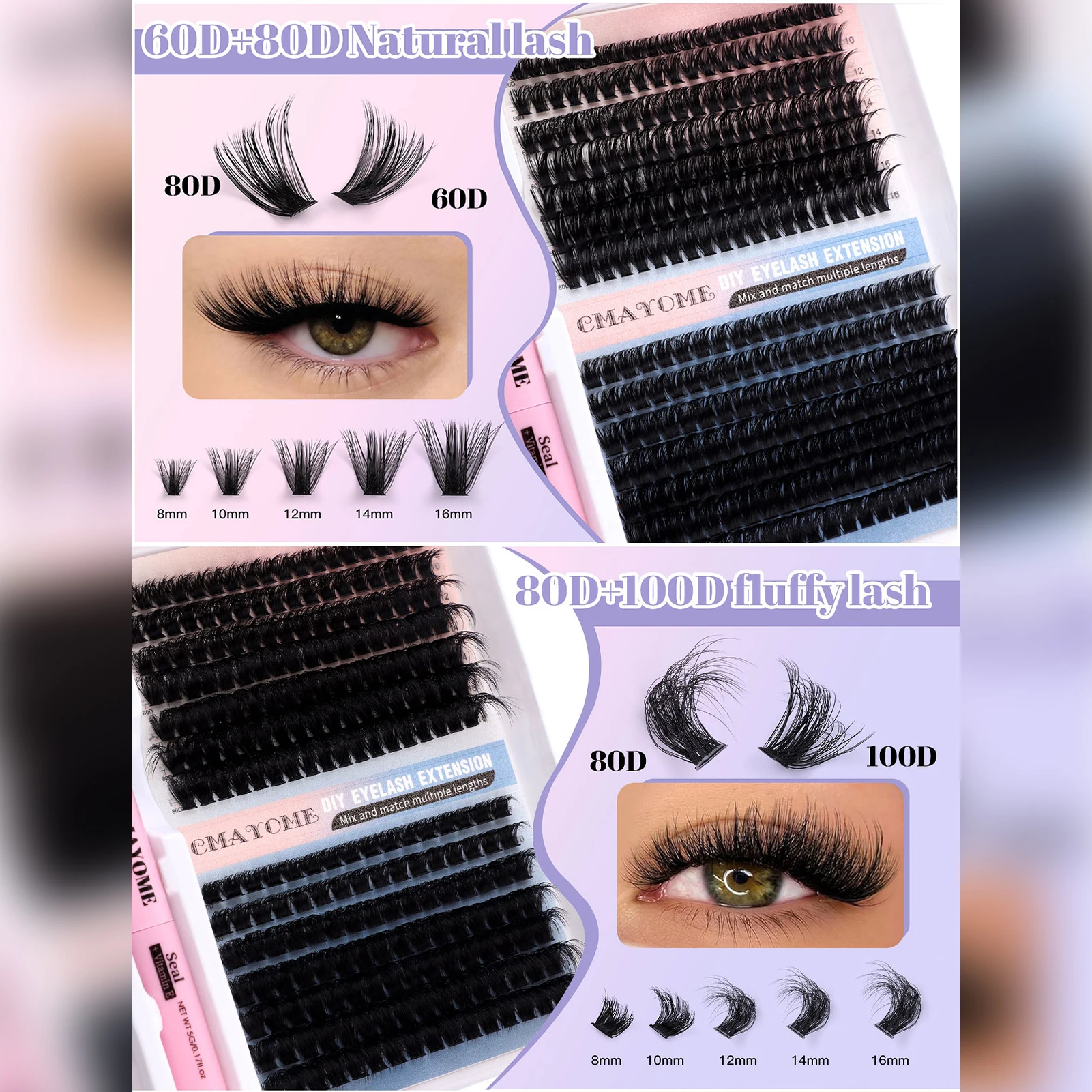 DIY Eyelash Extension Kit With Lower Eyelashes Set Dramatic Thick Individual Lashes 5-16mm Lash Clusters with Bond & Seal Set