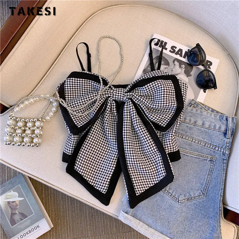 

Women Hotsweet Bow Decoration Patchwork Sleeveless Tanks Top 2023 Summer Korean Y2k Slim Fit Crop Top Female Beachwear Vest