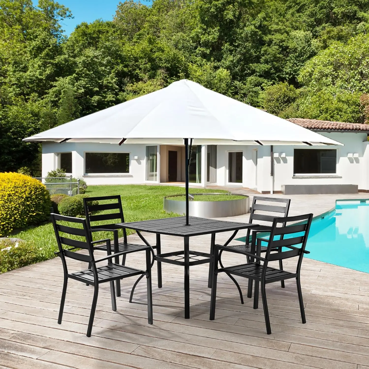o*-5-Piece Outdoor Dining Set, Metal Patio Dining Set for 4, Square Dining Table with Umbrella Hole & 4 Patio Chairs, Customized