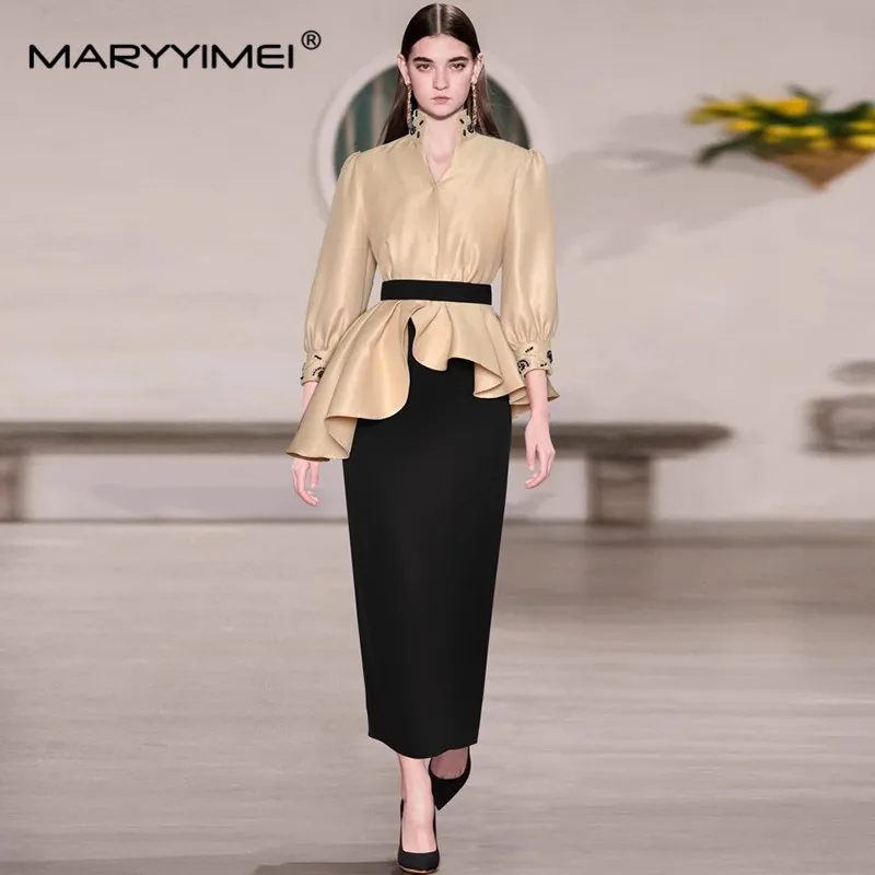 MARYYIMEI Autumn and Winter Women\'s Commuter Suit Stand Collar Long-Sleeved Beading Design Tops+Slim Pencil Skirt 2 piece set