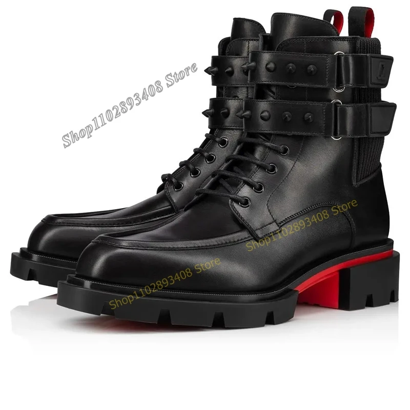 Black Cross Tied Rivet Decor Men Boots Buckle Strap Side Zipper Flat with Leather Lace up Round Toe 2023 New Zapatillas Mujer