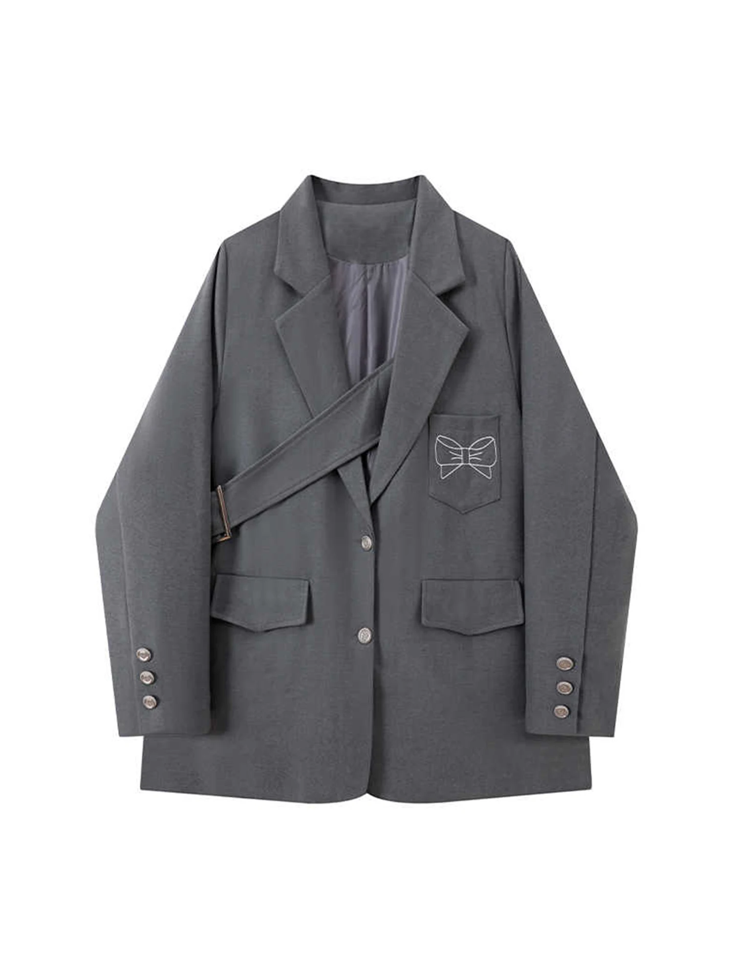 Women Grey Blazer Coat Fashion Vintage Streetwear Harajuku Loose Long Sleeve Bow Embroidery Suit Jacket Outerwear Clothes Autumn
