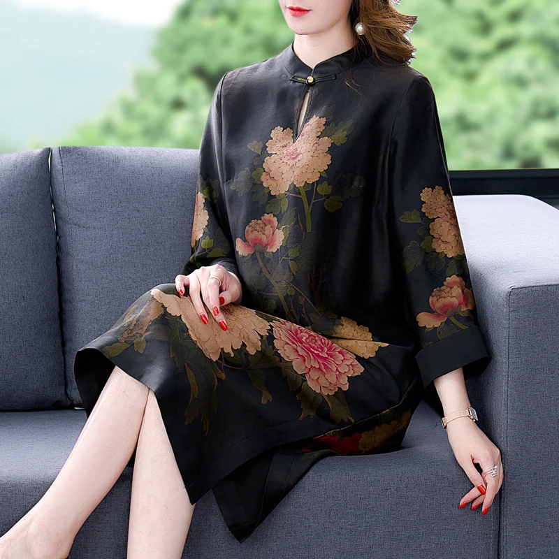 Frauen Schwarz Koreanische Vintage Casual Midi Kleid Frühling Sommer Floral Natürliche Seide Satin Kleid Elegante Bodycon Abend XQ328