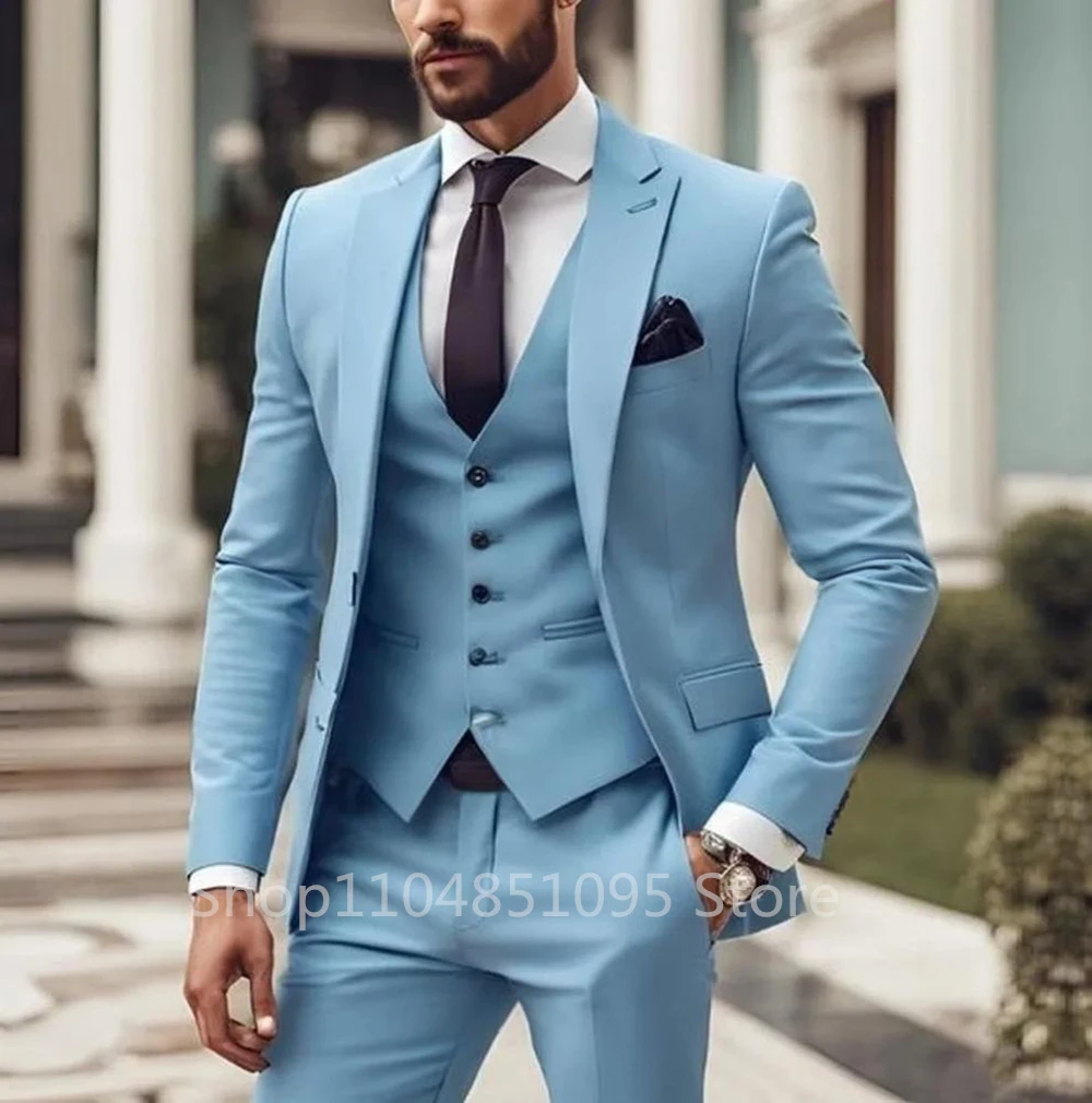 Men'S Trend Personality 3 Piece Slim Fit Suits Business Wedding Party Tuxedos Blazer Vest Pants Solid Color Elegant Man Clothes