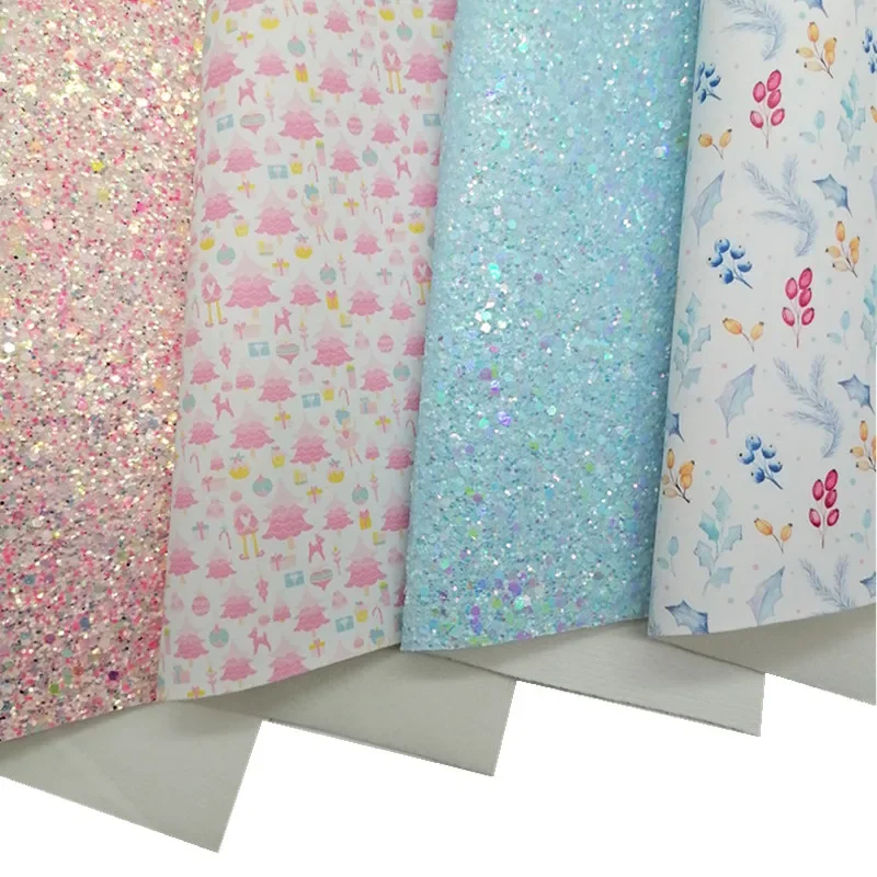 Mieszane kolory Chunky Glitter Leather Flowers Printed Fabric Vinyl Felt Backing Smooth Faux Leather Craft Bow Sheets Rolls Q1850