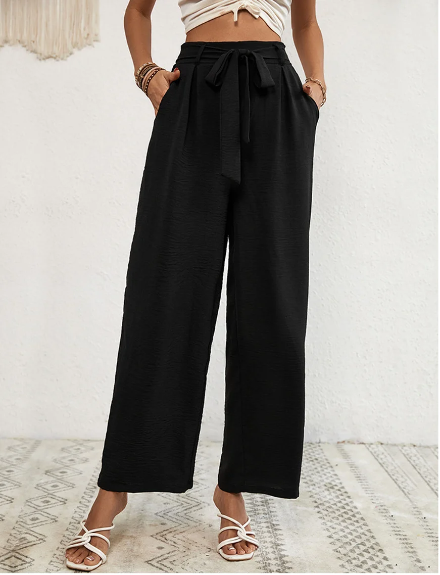 

2024 Summer New Women's Trousers Fashion Casual Style Black Lace-up Wide Leg Pants