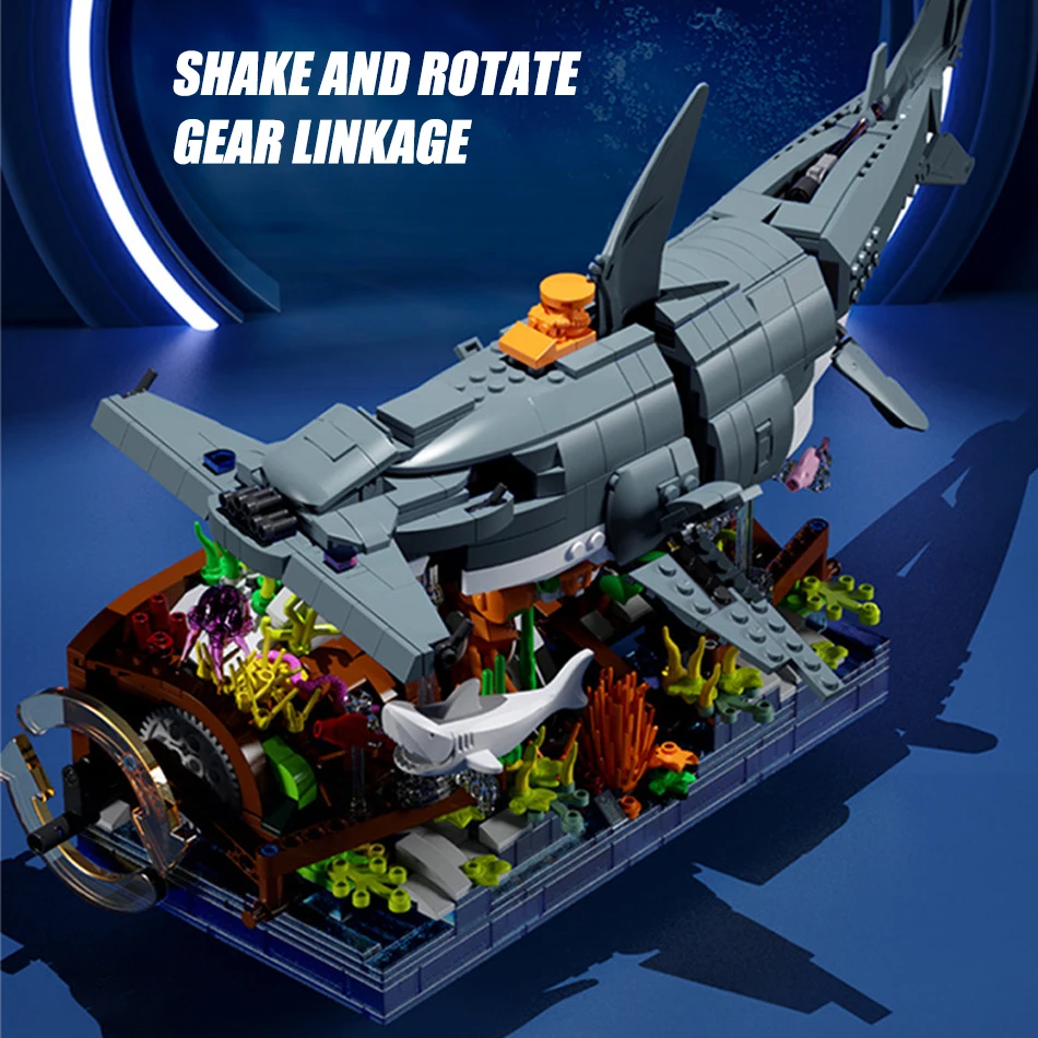 Juego de bloques de construcción de tiburón Hammerhead mecánico con soporte de exhibición y conexión de engranajes, modelo de tiburón de la vida marina, juguete para regalo para niños