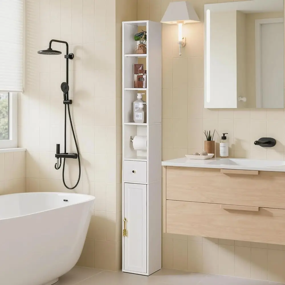 Storage Cabinet, 67" Tall Narrow Bathroom Cabinet with 3 Adjustable Shelves, Toilet Paper Holder, Magnetic Door & Drawer, for Sm