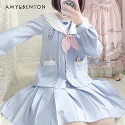 Japanese Style JK Uniform Sailor Collar Cartoon Blue White Color Matching Long Short Sleeve Pocket Top Skirt Embroidery Set Girl