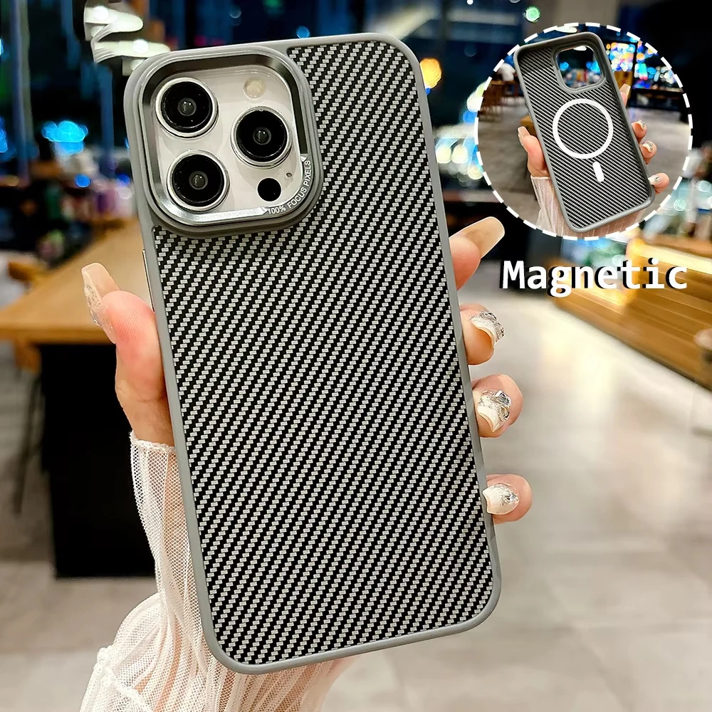 

Strong Magnetic Carbon Fiber Armor Shockproof Case for iPhone 16 15 14 13 12 11 Pro Max Plus For Magsafe Wireless Charging Cover