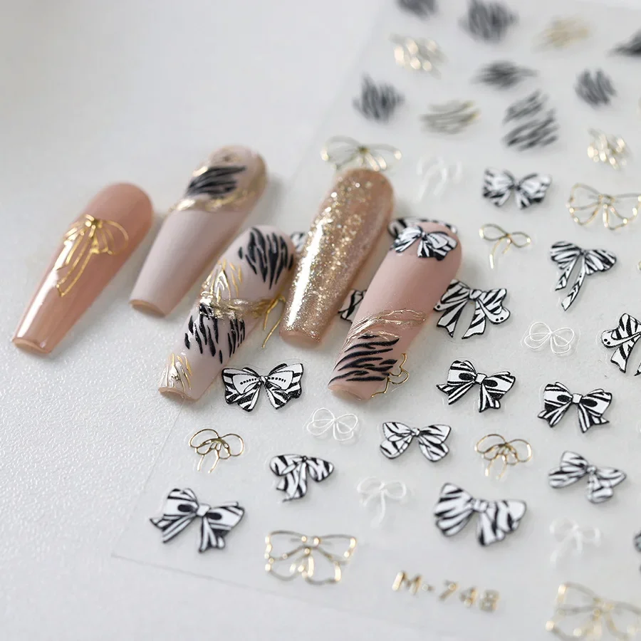 5D Relief Simple Zebra Bow Glossy Gold Line Ribbon Adhesive Nail Art Stickers Decals Manicure Black White Ornaments Accessories