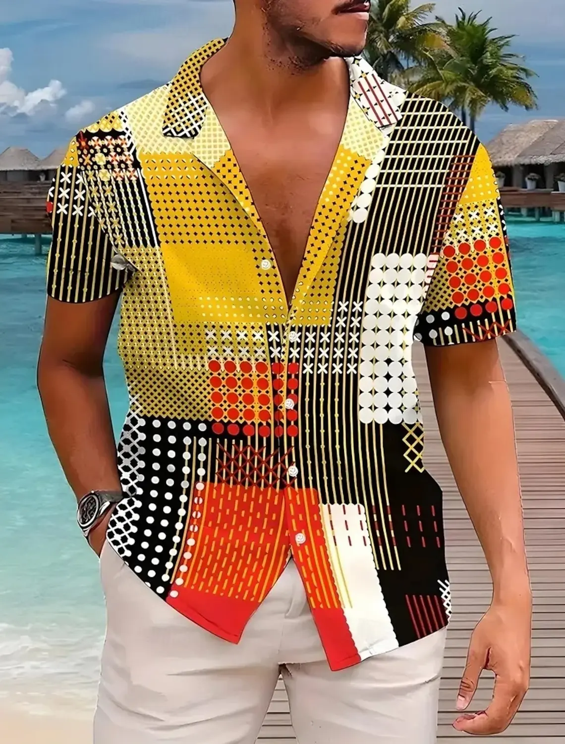 

Men's Patchwork Geometric Pattern Shirt Cuban Collar Shirt Short Sleeve Fashion Casual Vacation Holiday Streetwear Summer shirts