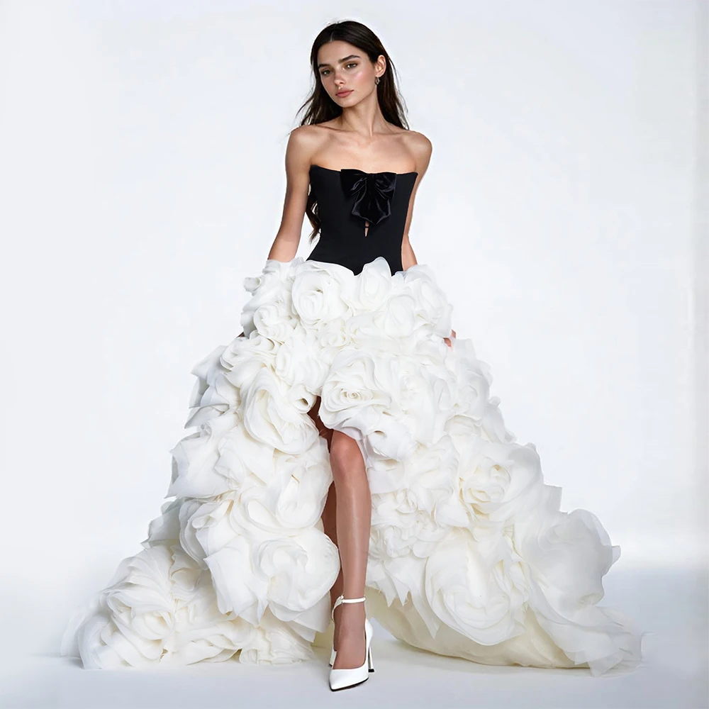 

Strapless High Low Bow 3D Flower Photography Dresses for Photoshoot Luxury Elegant Evening Dresses Wedding Dresses for Parties