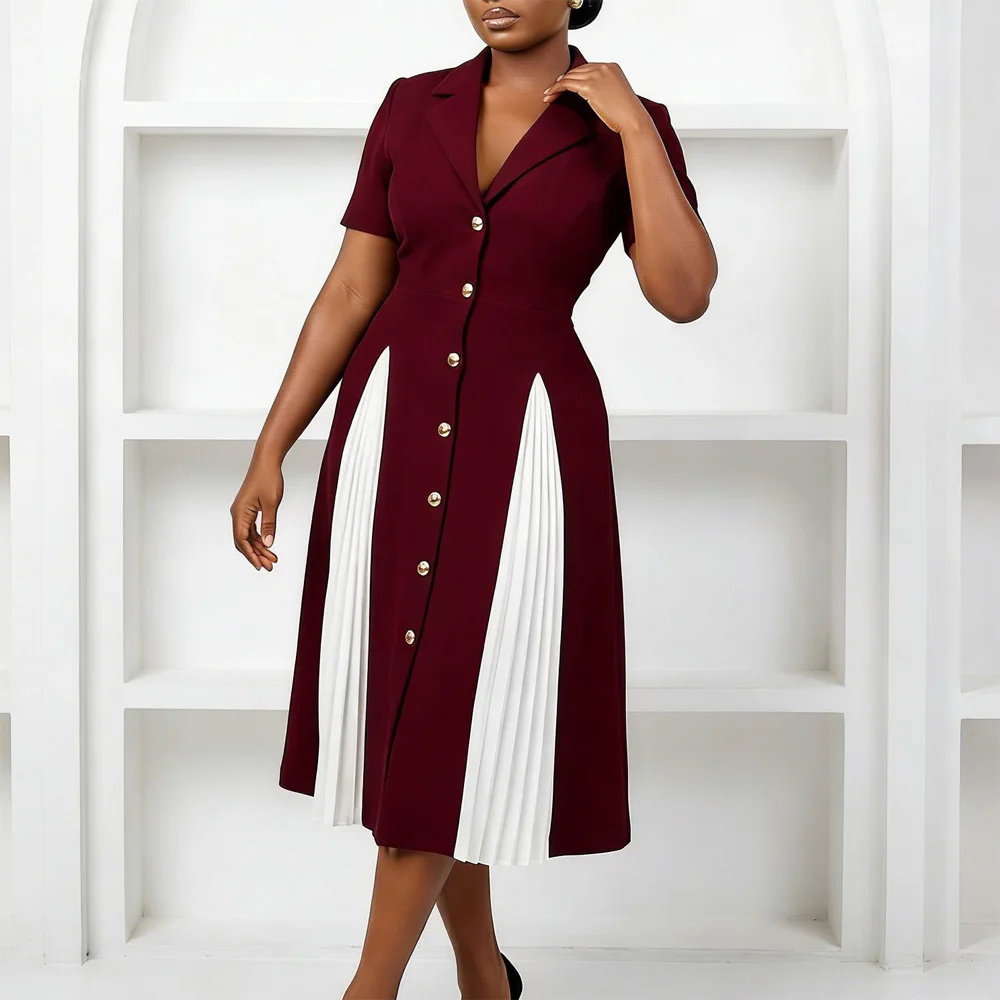 Elegante Hemdkleider für Damen mit Reverskragen, Kurzen Ärmeln, Einreihigem Verschluss, Plissiert, Wadenlang, Modisch für Geburtstagsfeiern und Dinner