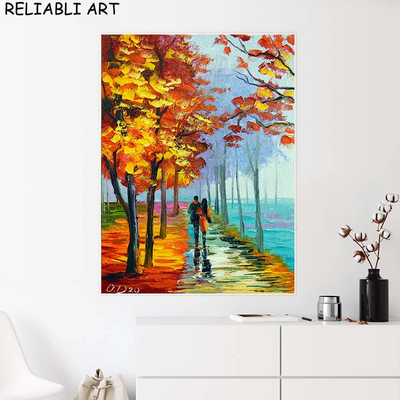 Red Tree Landscape Couple Portrait Canvas Painting, Modern City, London Wall Art, Black and White Poster, Umbrella for Home Dec