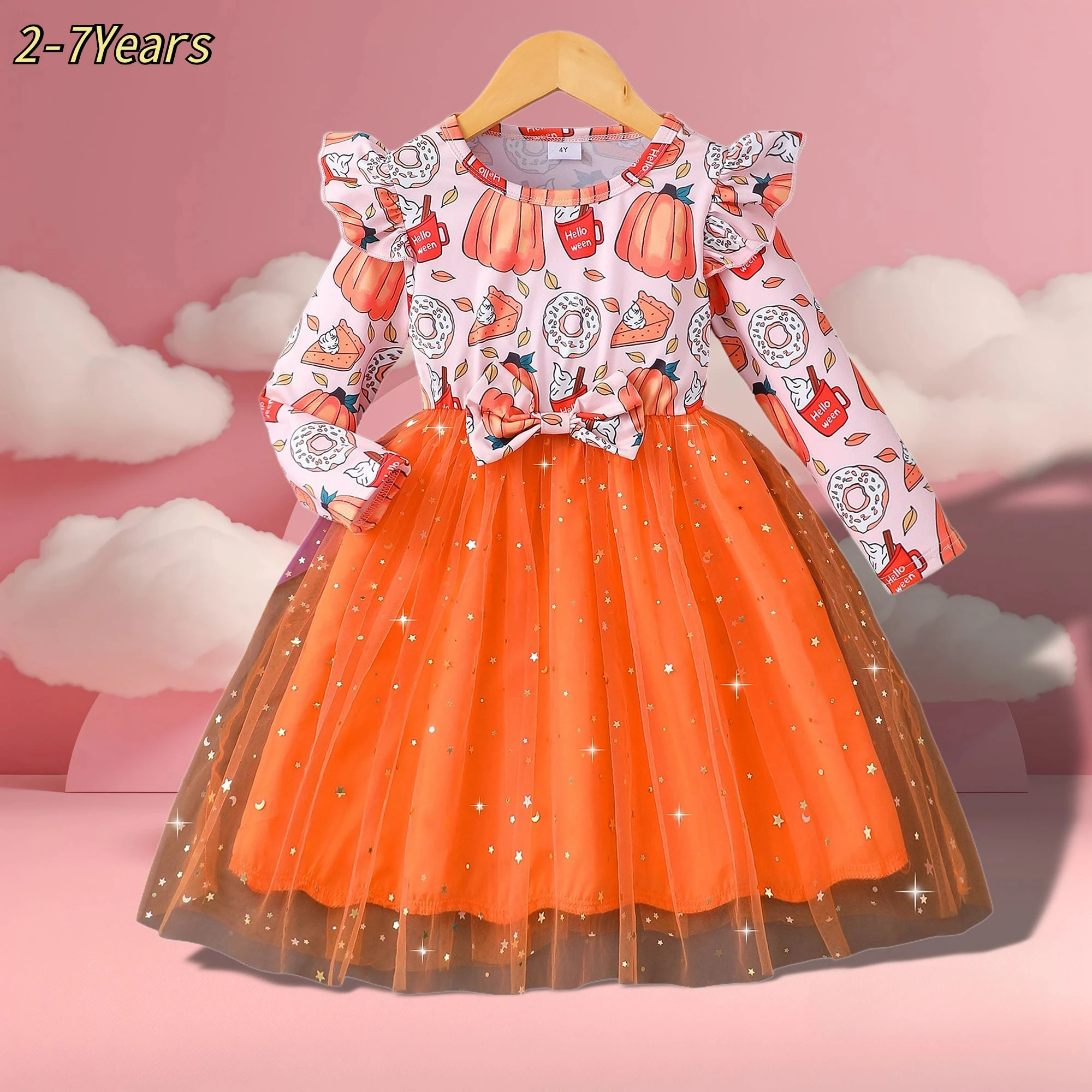 Halloween Girl Costume Children Dress Party Horror Mesh Theme Long Sleeve Orange Pumpkin Baby Girl Set 2-7 Yrs