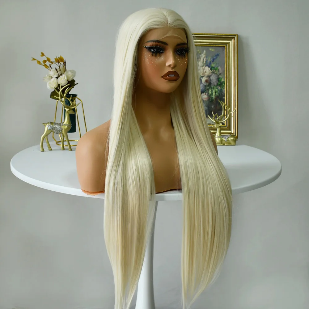 شعر مستعار أبيض طويل مستقيم شعر مستعار أشقر الاصطناعية الدانتيل الجبهة الباروكات ألياف مقاومة للحرارة الشعر تأثيري ارتداء اليومي شعر مستعار باريك