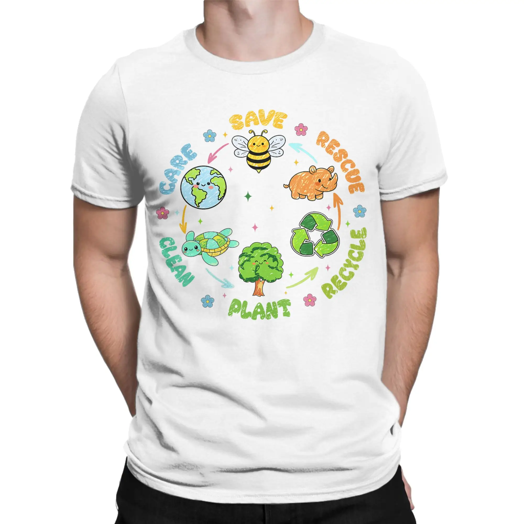 Men's Save Bees Rescue Animals Recycle Plastic Earth Day T-Shirts Cotton Tops Short Sleeves T Shirt O Neck Tshirt Plus Size