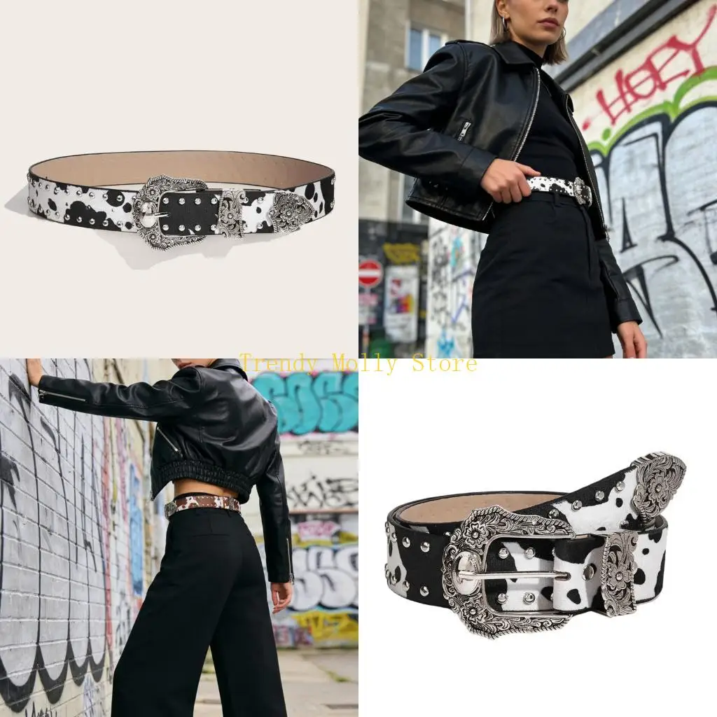 

N5KB Women's Punk Waistband Adjustable Waist Belt For Jeans Stylish PU Leather Strap