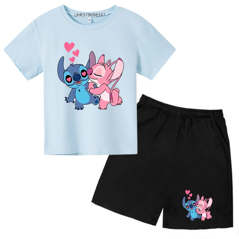 Anime Print Stitch Children Round Neck T-shirts+ Shorts Sets Suitability 2-12 Years Boys Girl Tshirts Casual Summer Short Sleeve