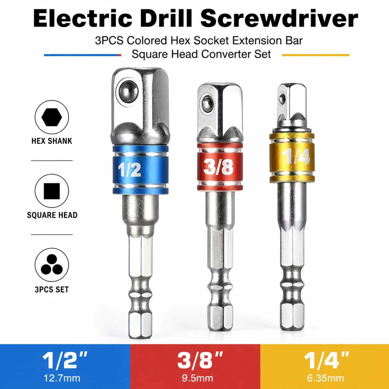 For Electric Drill Screwdriver, 3PCS Colored Hex Socket Extension Bar Square Head Converter Set