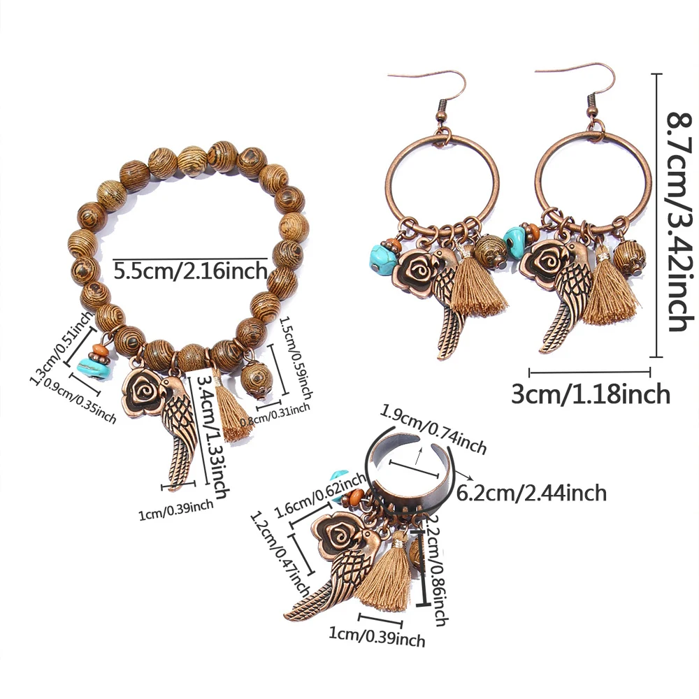 4pcs Boho Retro Jewelry Set Coffee Brown Alloy Dangle Earrings Wooden Bracelet Open Ring Adjustable Party Decors Daily Wear
