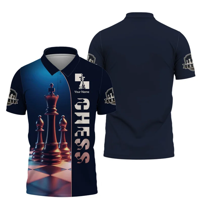 Custom Name Chess Polo Shirts For Men 3D Print Chessboard Lattice Funny Game Shirts Team Competition Funny Fashion Golf Shirt