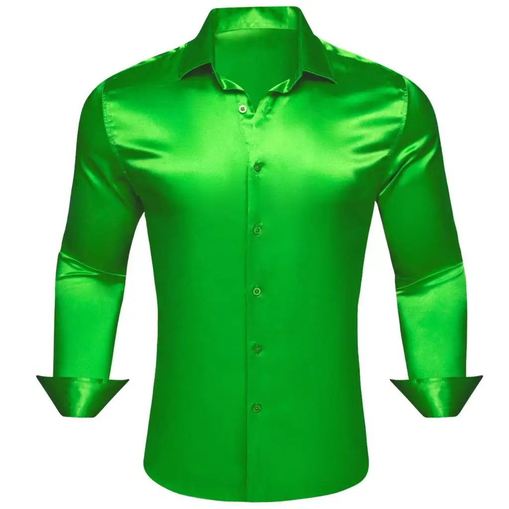 Luxury Shirts for Men Long Sleeve Solid Satin Silk Green Casual Slim Fit Turn Down Collar Tops Business Daily Clothes Barry Wang