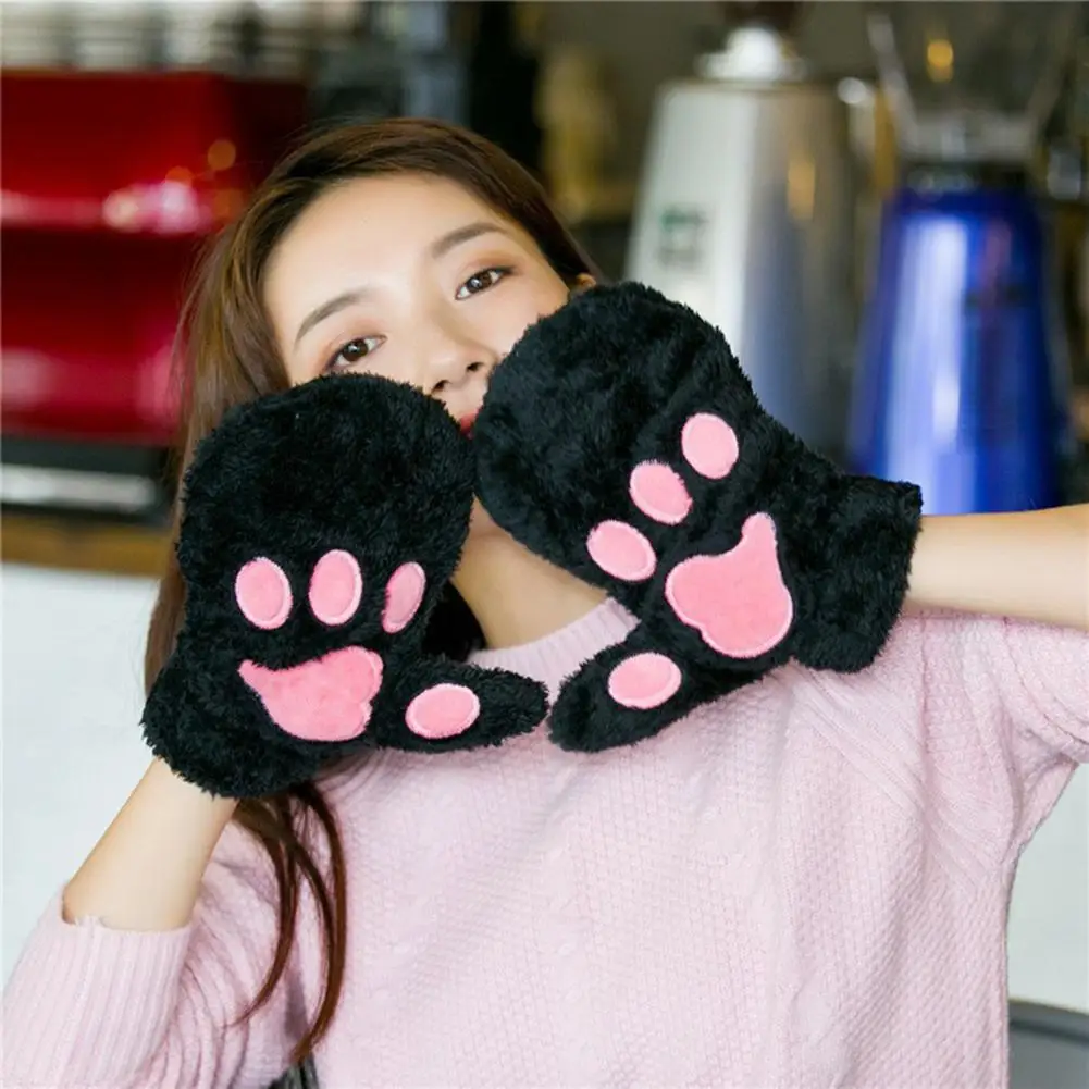 Cartoon Cute Cat Claw Paw Gloves Thickened Girl Cat Paw Print Plush Mittens Korean Japanese Full Half Fingers Fluffy Bear Gloves