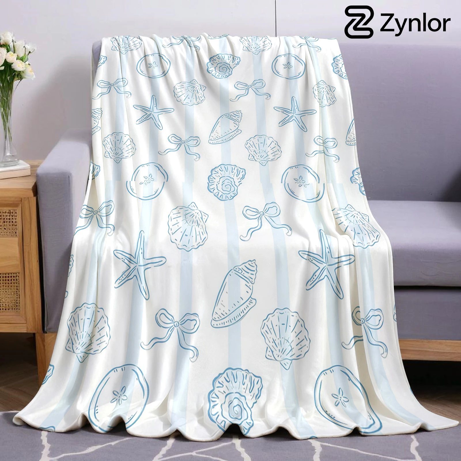 Shell Stripe Bow Cartoon Anime Print Flannel Blanket Soft Warm Throw for Kids Bedroom Sofa Bed Christmas Office Car