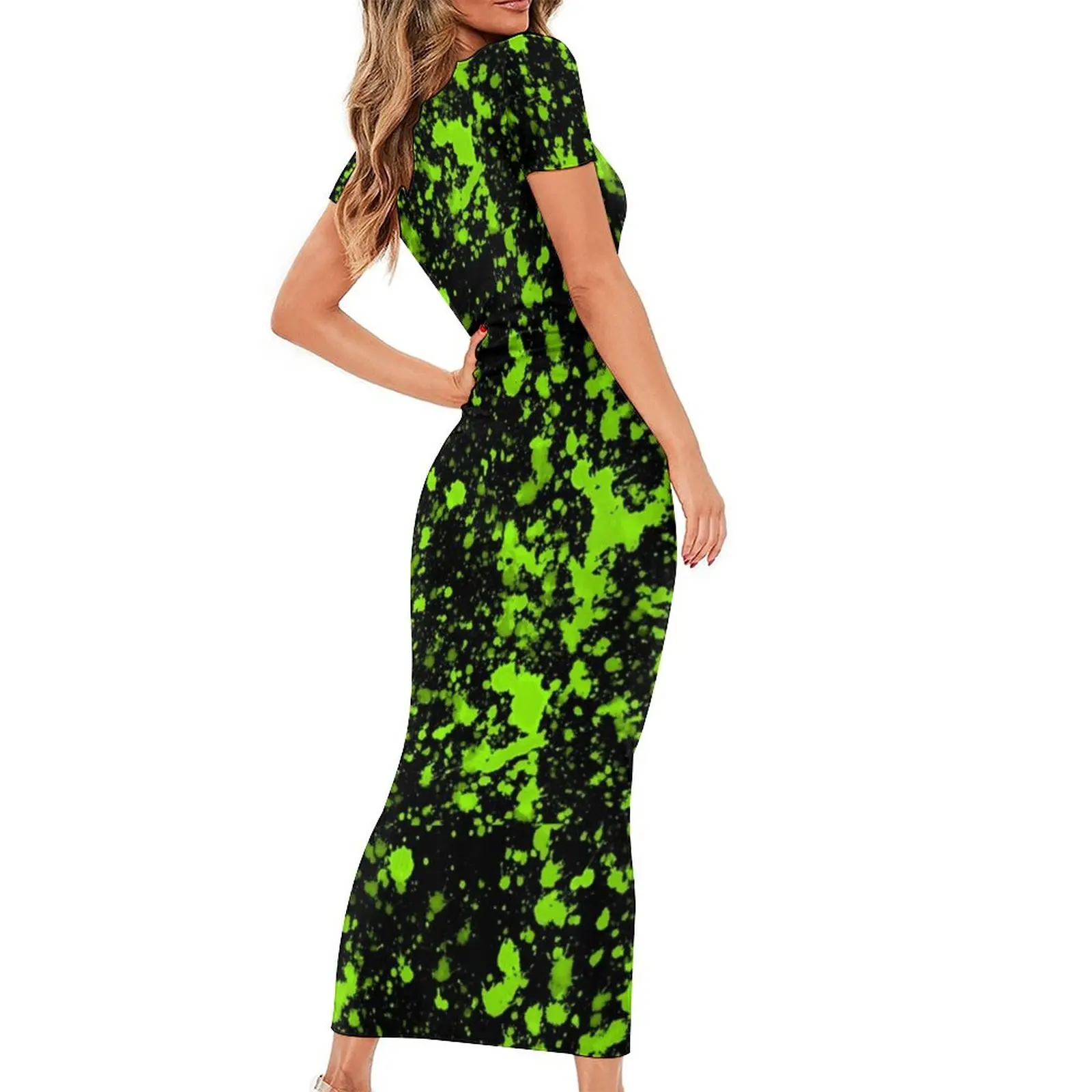 Robe Éclaboussures de Peinture Verte pour Femme, Imprimé Néon Cool, Batterie Esthétique, Été, Robes Maxi Élégantes, Vêtements Respzed Personnalisés