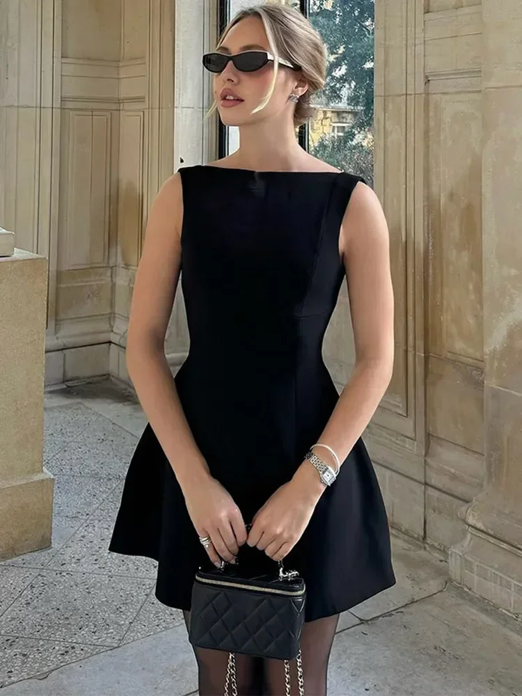 Vestido negro acampanado con cuello redondo para mujer, vestido elegante sin mangas con espalda descubierta y dobladillo ajustado, vestidos cortos de fiesta de noche para mujer 2024