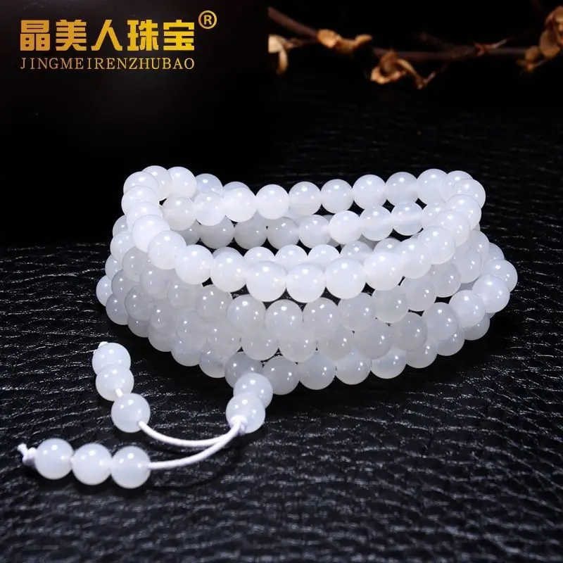 Genuine Natural Hetian White Jade Bracelet Women Men 108 Round Jades Stone Beads Elastic Beaded Multi-turn Bracelets Lady Bangle