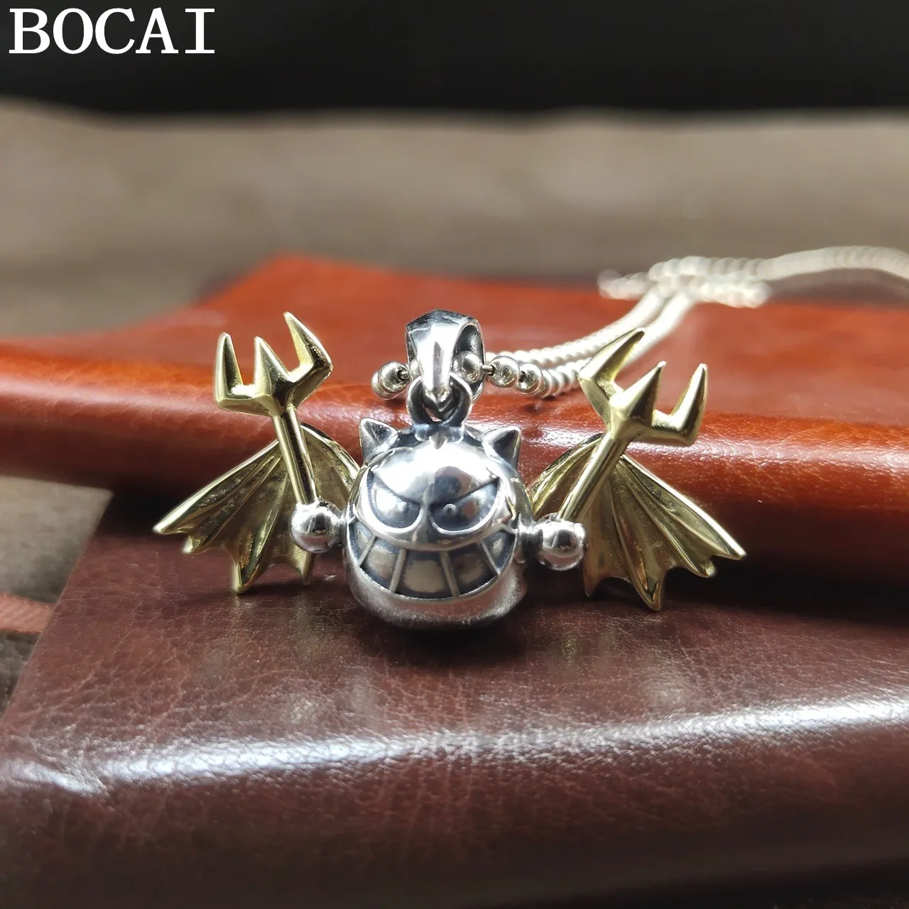 

BOCAI NEW S925 Sterling Silver Trendy Cute Wings Trident Little Devil Pendant Men's and Women's Gifts