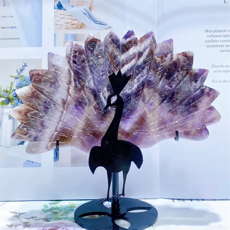 

Natural Dream Amethyst Peacock Feather Wings Carving Crafts Healing Energy Lucky Stone Home Decoration Birthday Gift