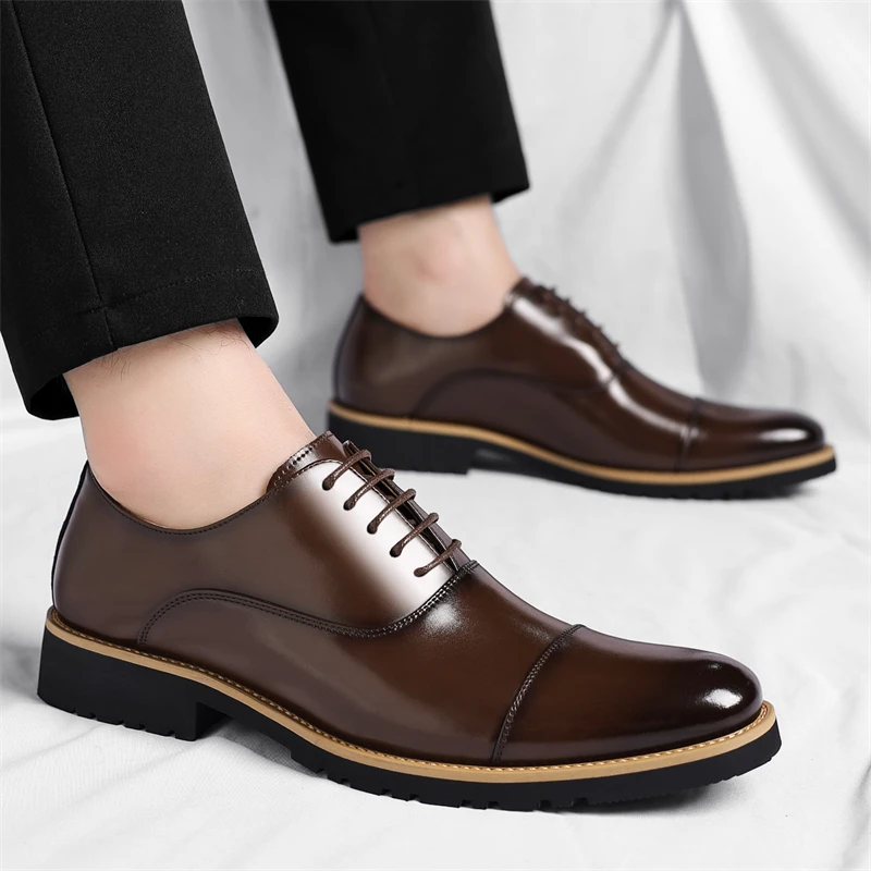 Successful Business Shoes Men Pure Leather Elegant High Grade Oxford Natural Handmade Formal Dress Office Party Suit Black Color